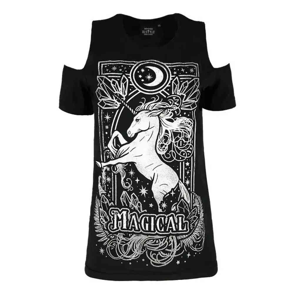 Restyle - Magical Unicorn Cold Shoulder Ladies Tshirt - Black